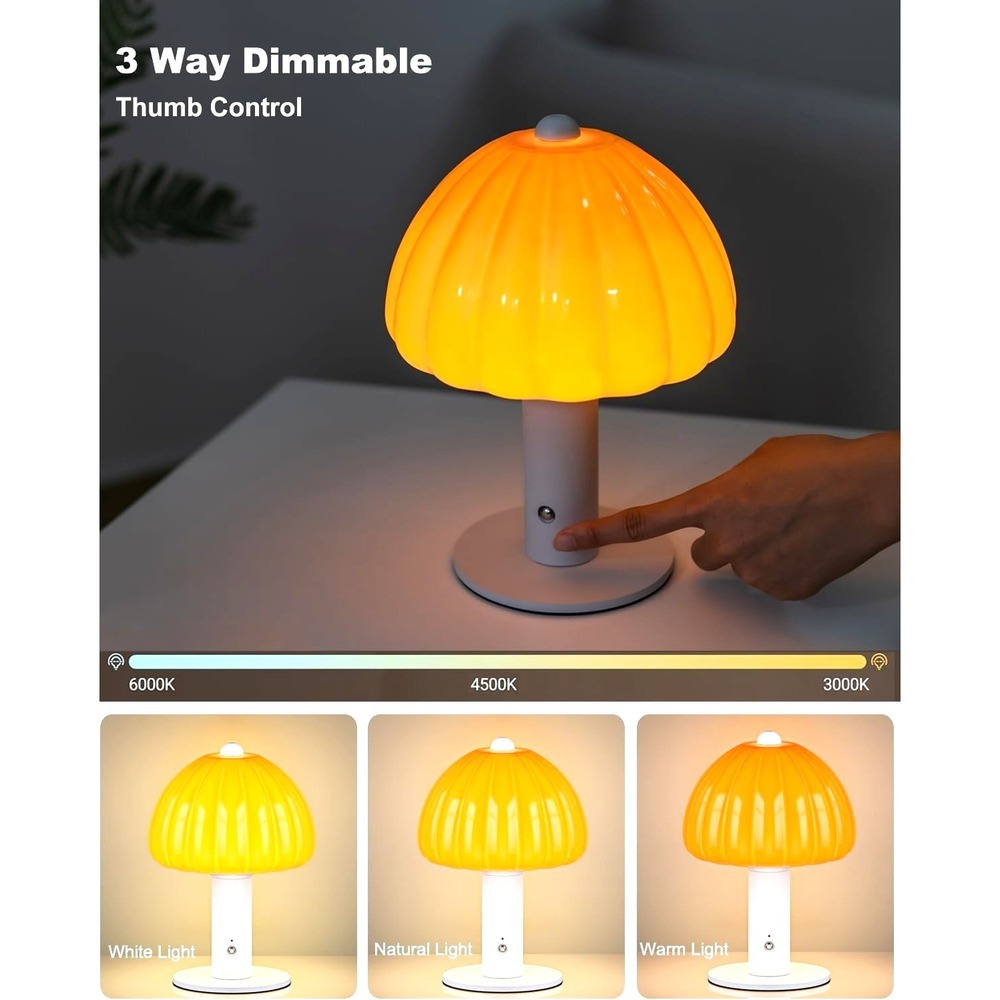 FANHAO Cordless, Touch, 3-Way Dimmable Mushroom Shape Glass Table Lamp
